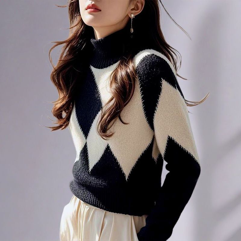 High collar fashion sweater thick light luxury tops for women