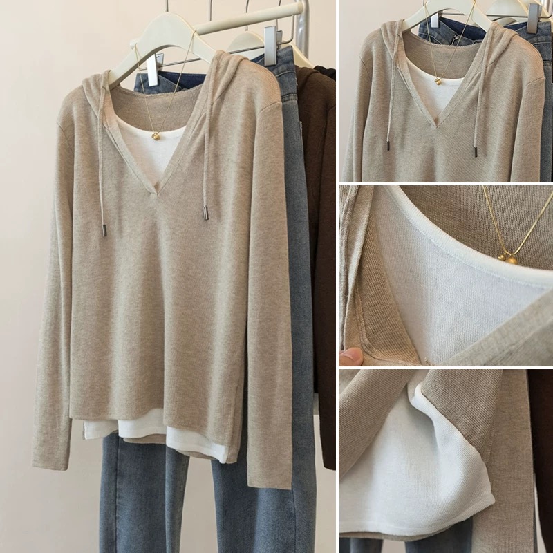 Splice long sleeve Pseudo-two autumn large yard tops