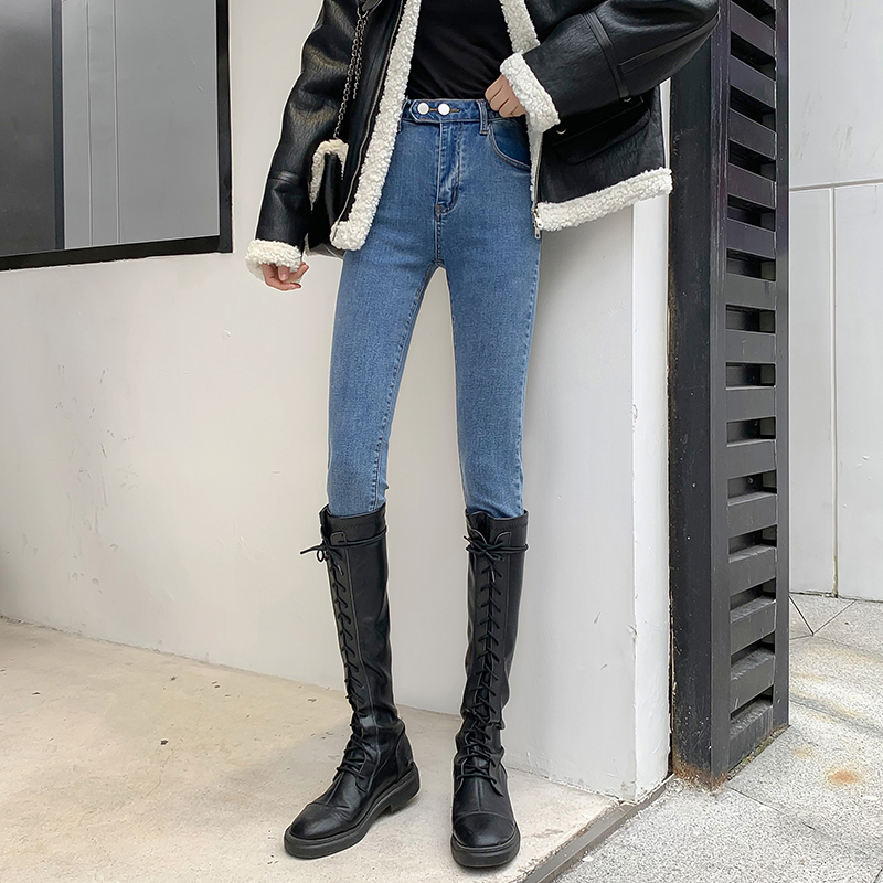 Two buckle tight boots pants blue pencil pants for women