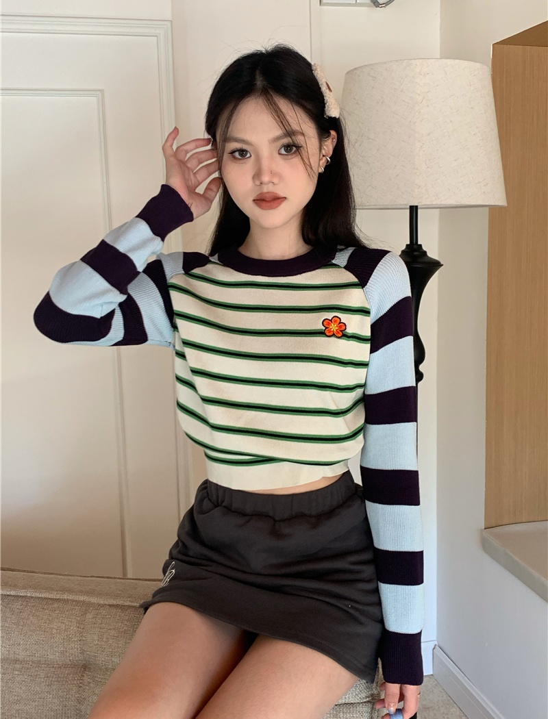 Pullover stripe tops long sleeve mixed colors sweater