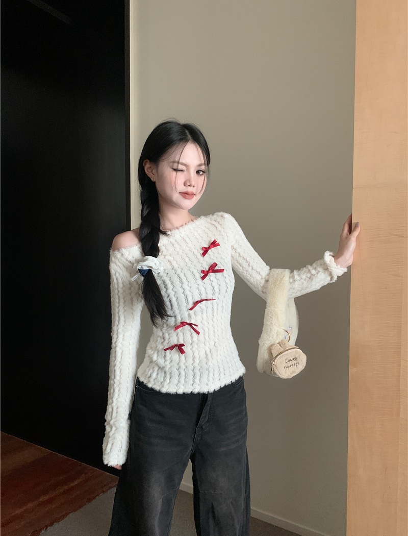 Bow long sleeve pullover slim strapless sweater