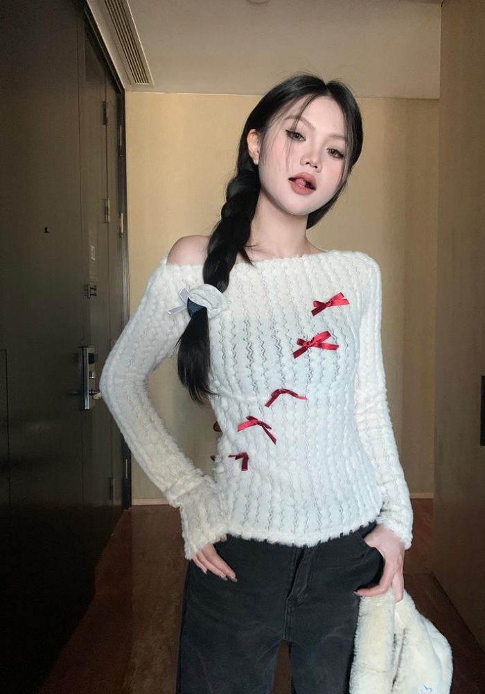 Bow long sleeve pullover slim strapless sweater