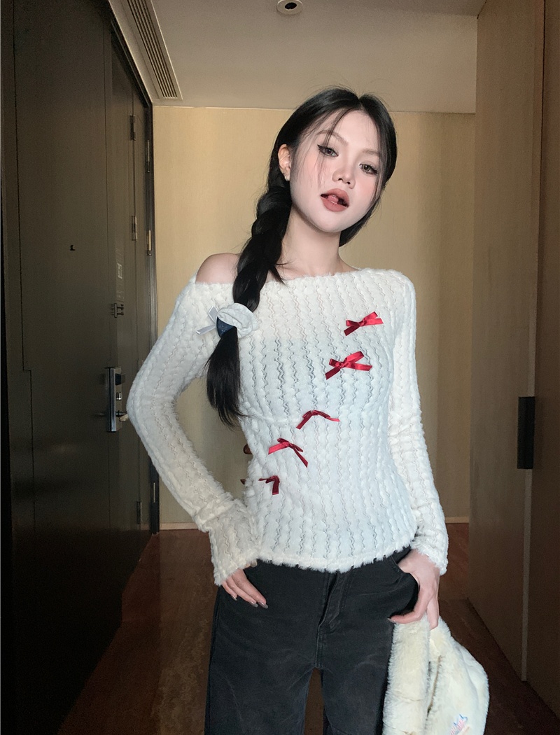 Bow long sleeve pullover slim strapless sweater