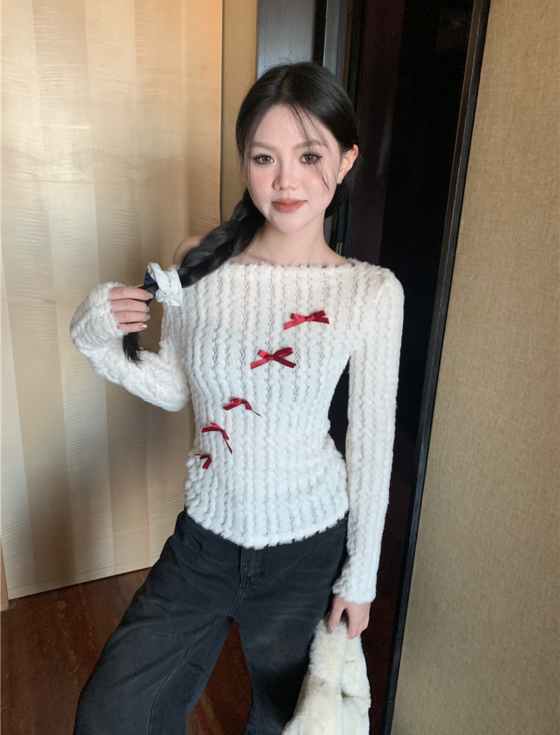 Bow long sleeve pullover slim strapless sweater