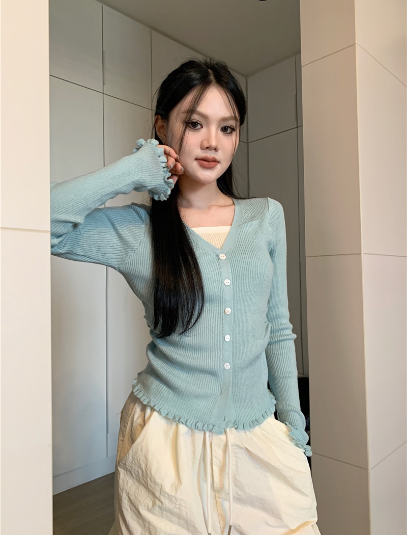 Western style V-neck tops Pseudo-two long sleeve sweater