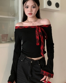 Plaid long sleeve strapless sloping shoulder retro tops