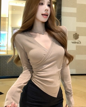 Irregular long sleeve short tops autumn V-neck sweater for women