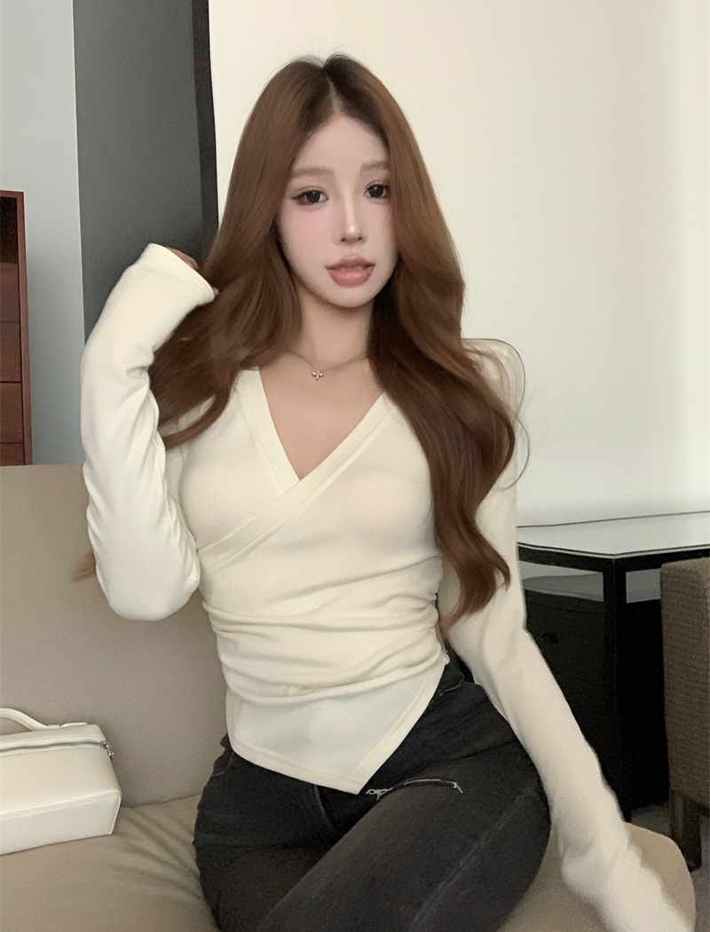 Irregular long sleeve short tops autumn V-neck sweater for women