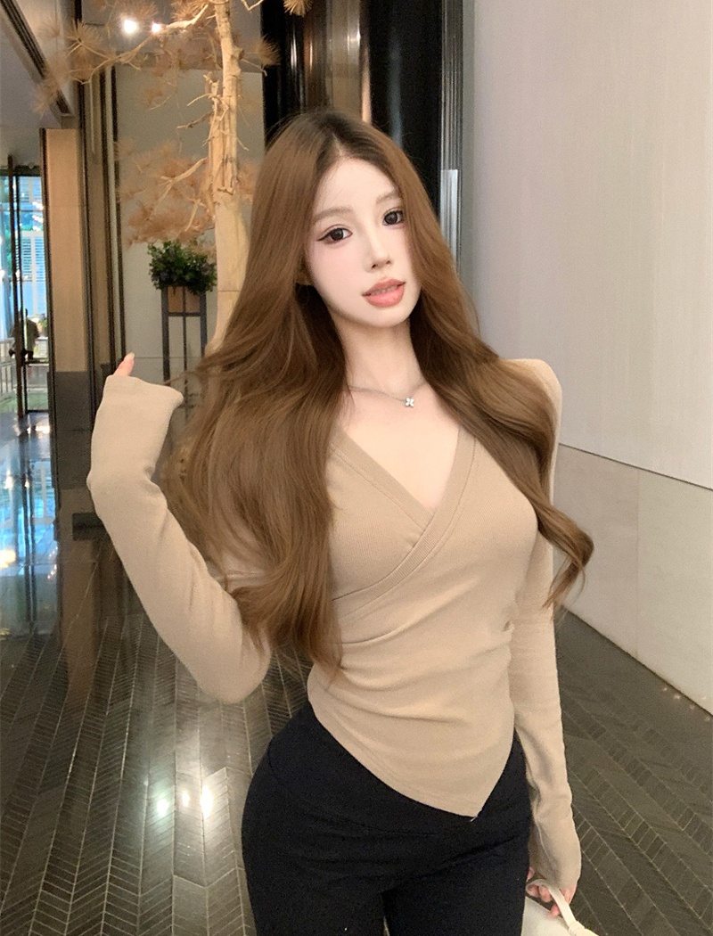 Irregular long sleeve short tops autumn V-neck sweater for women