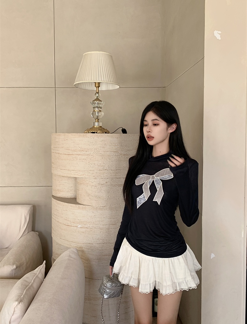 Long sleeve France style bottoming shirt navy-blue T-shirt