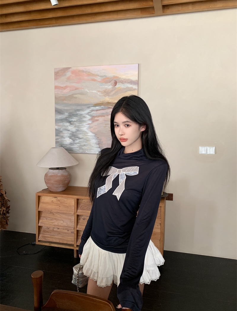 Long sleeve France style bottoming shirt navy-blue T-shirt