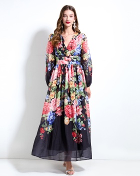 Lantern sleeve flowers printing dress