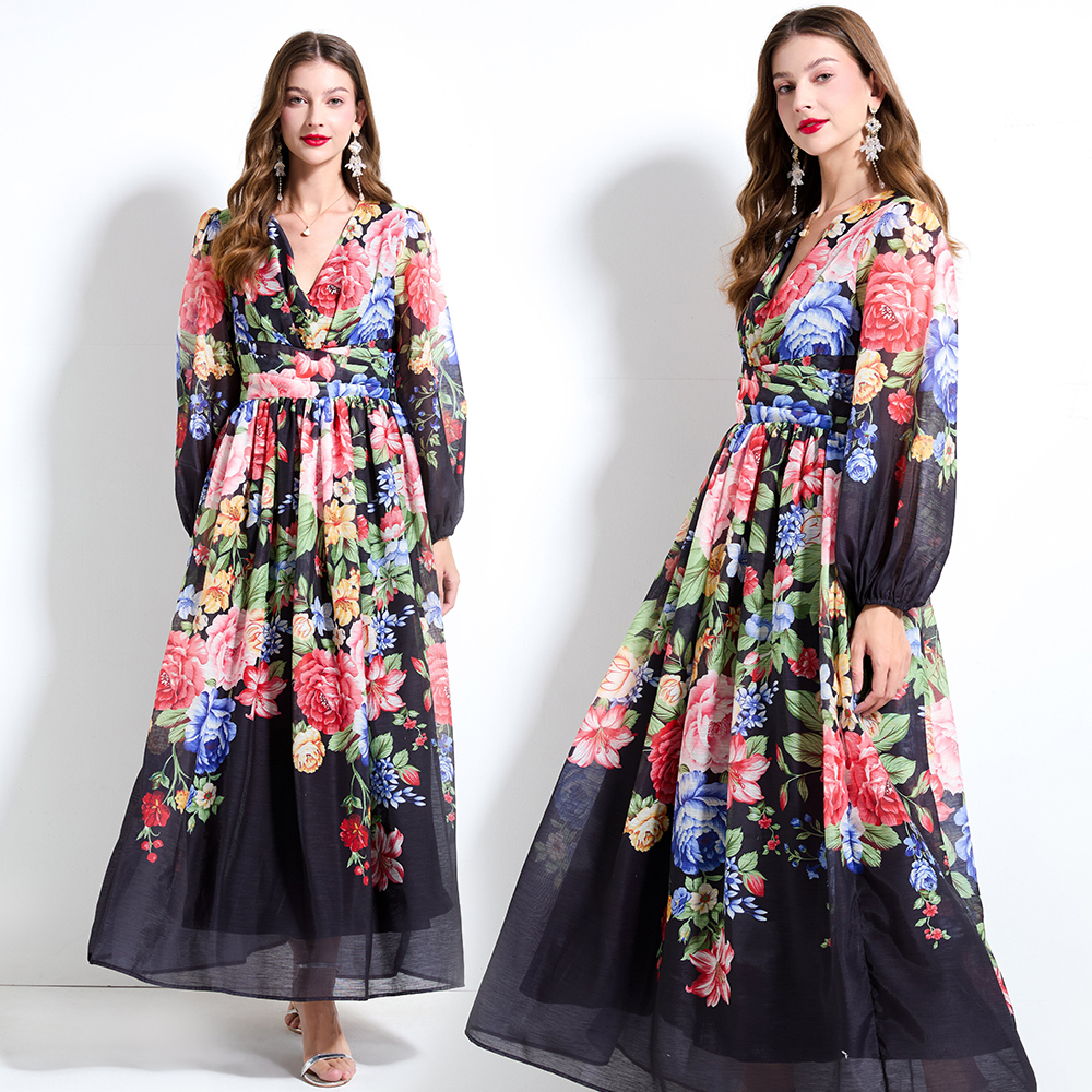 Lantern sleeve flowers printing dress