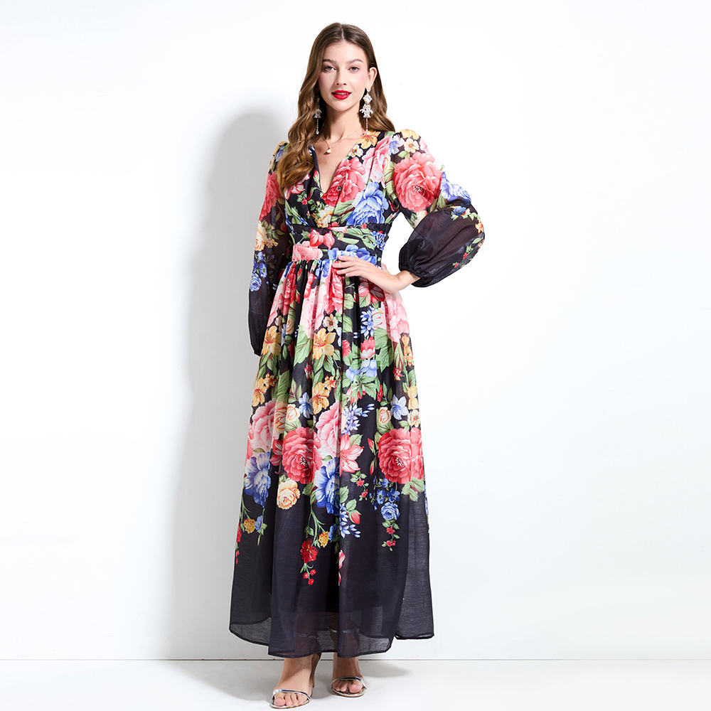 Lantern sleeve flowers printing dress