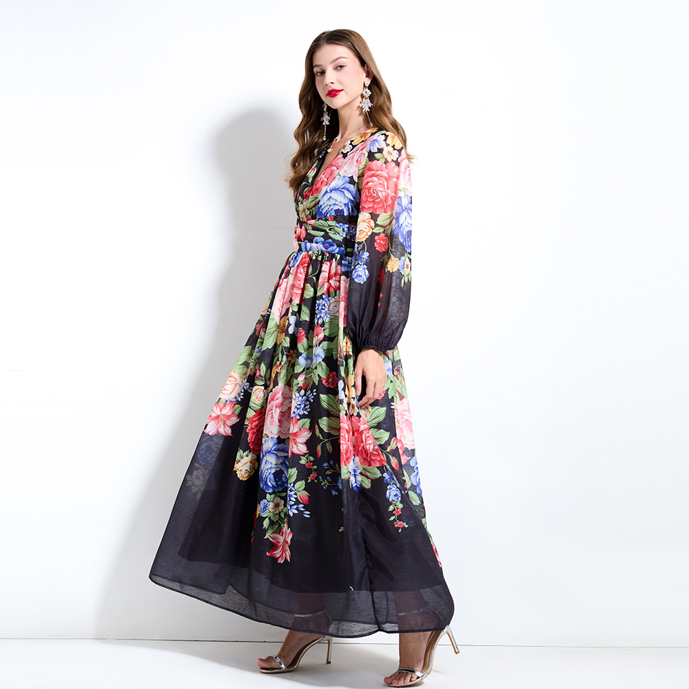 Lantern sleeve flowers printing dress