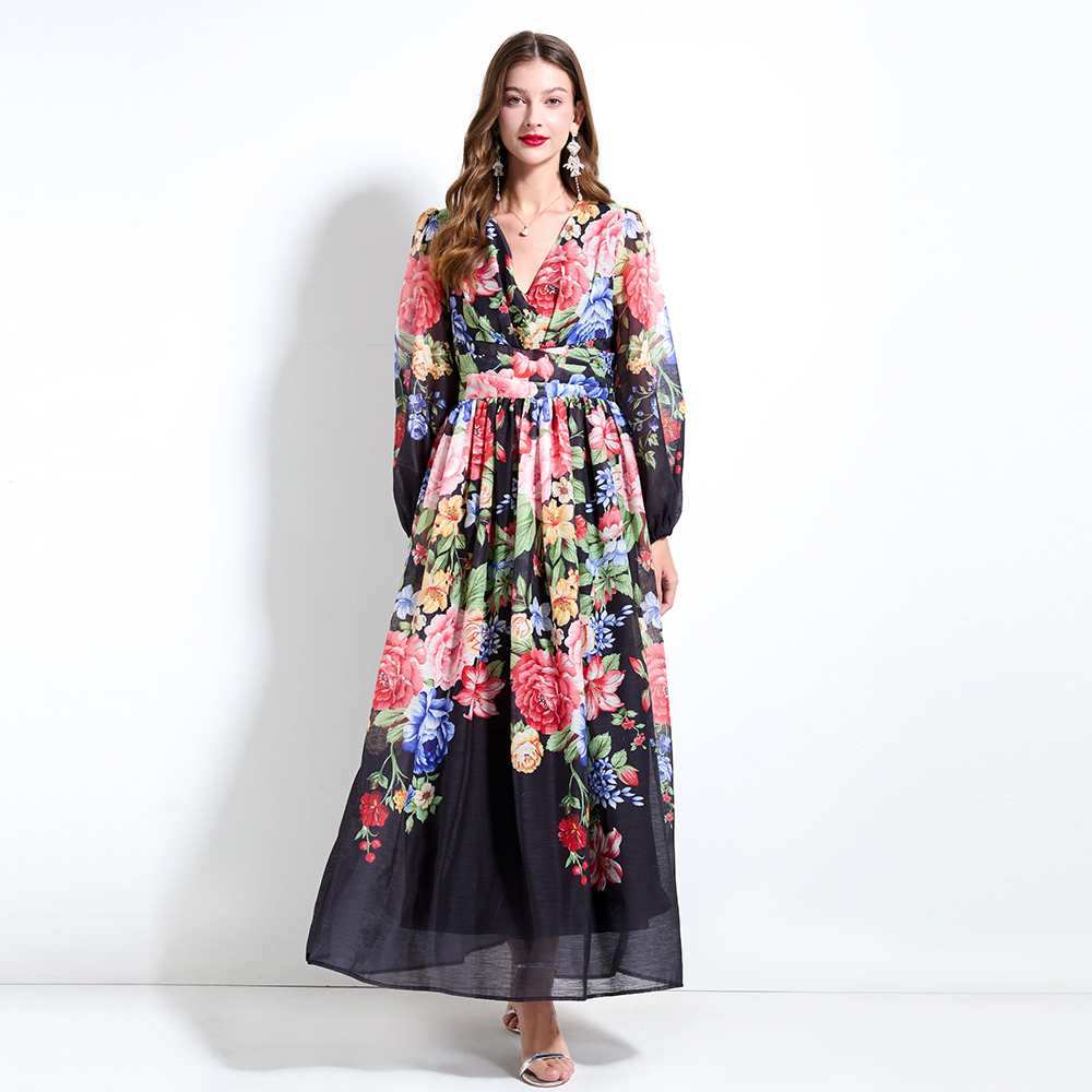 Lantern sleeve flowers printing dress