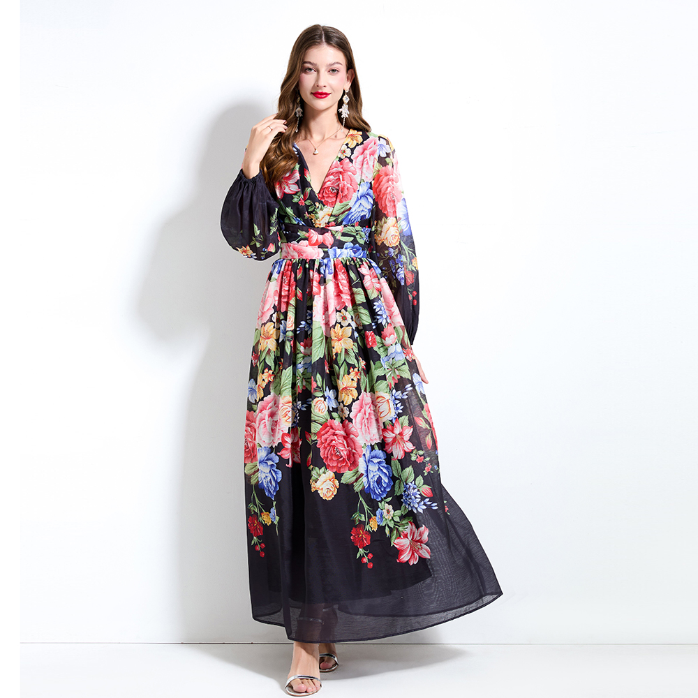 Lantern sleeve flowers printing dress