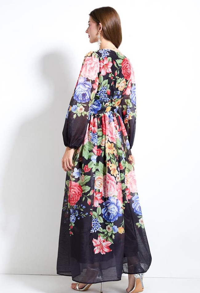 Lantern sleeve flowers printing dress