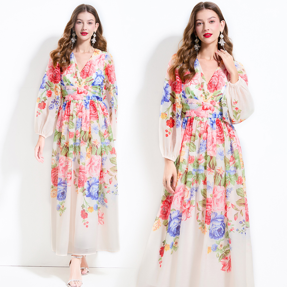 V-neck lantern sleeve spring and summer flowers dress