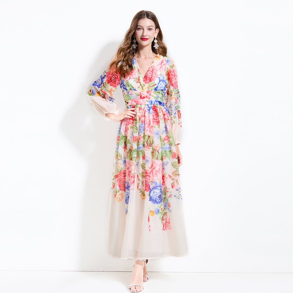 V-neck lantern sleeve spring and summer flowers dress