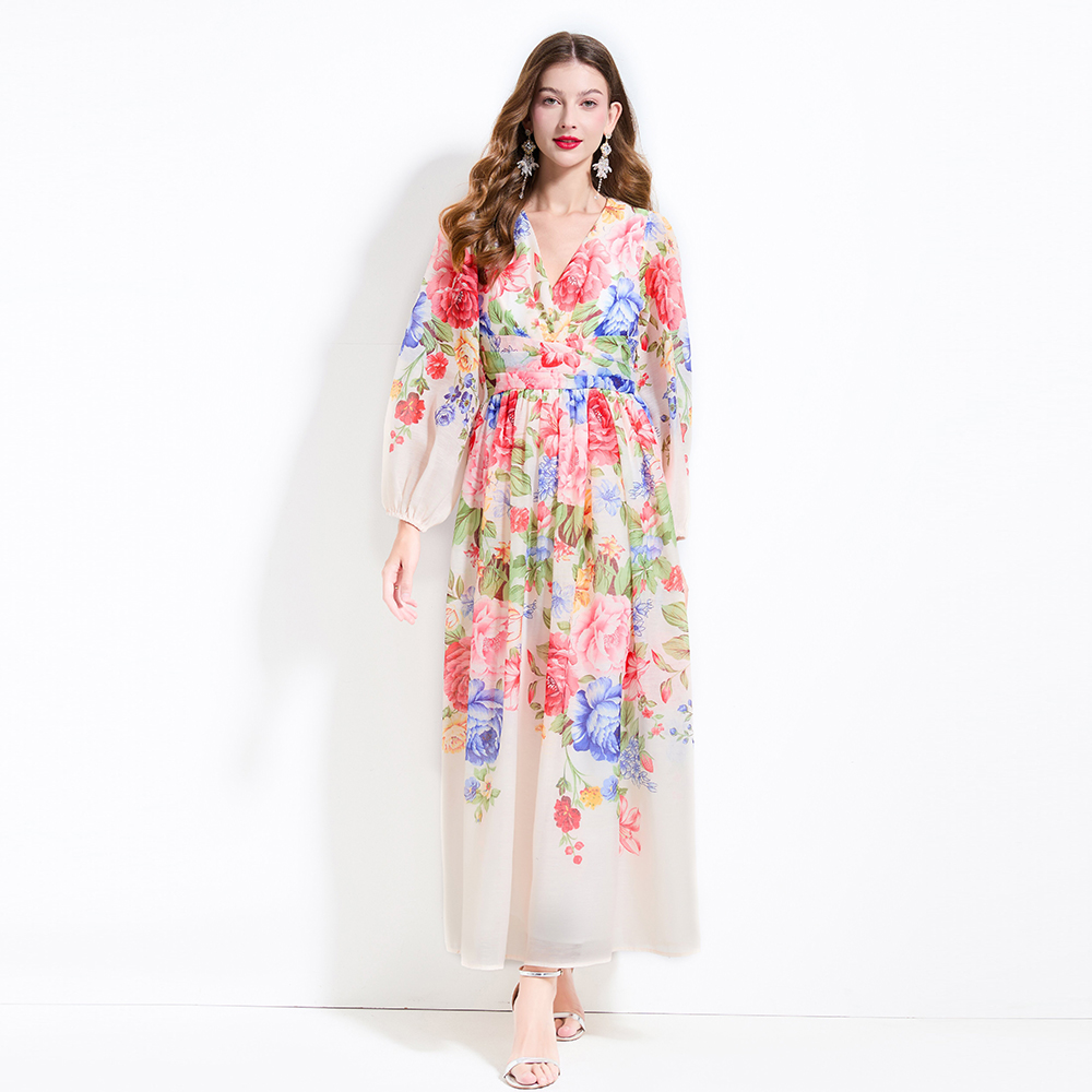 V-neck lantern sleeve spring and summer flowers dress