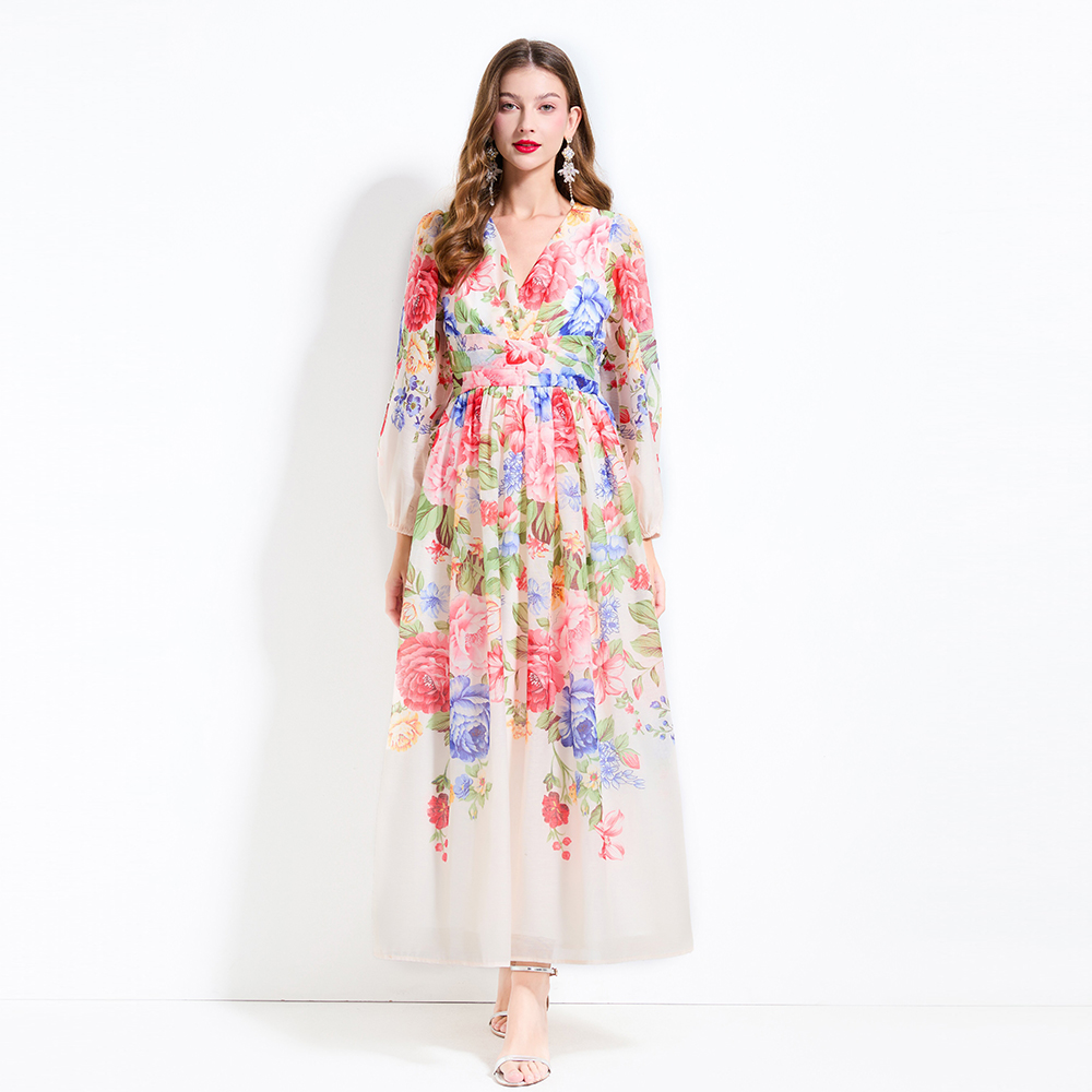 V-neck lantern sleeve spring and summer flowers dress