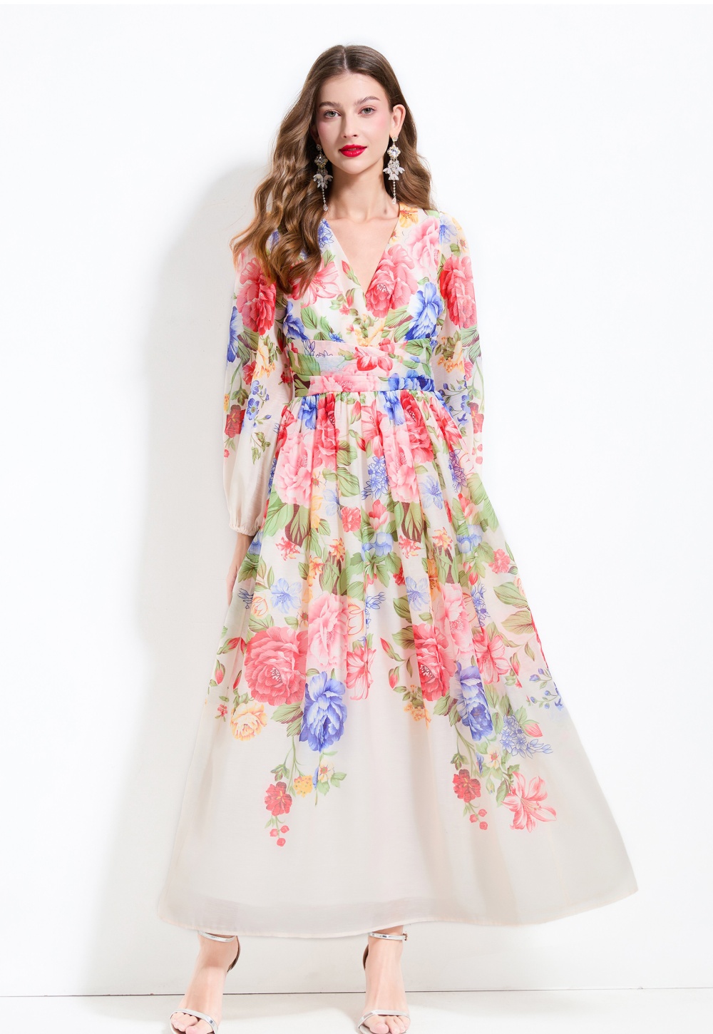 V-neck lantern sleeve spring and summer flowers dress