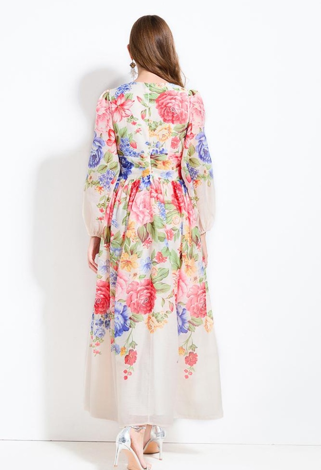 V-neck lantern sleeve spring and summer flowers dress