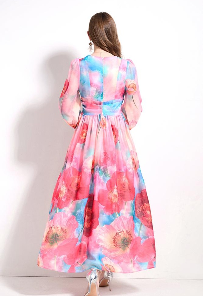 Long sleeve lantern sleeve flowers V-neck dress