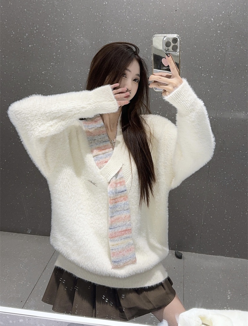 Thick V-neck plus velvet scarves sweet Casual sweater