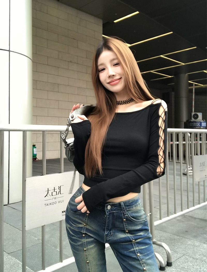 Autumn and winter sloping shoulder T-shirt slim tops for women