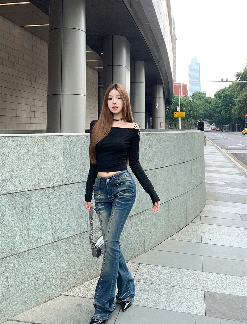 Autumn and winter sloping shoulder T-shirt slim tops for women