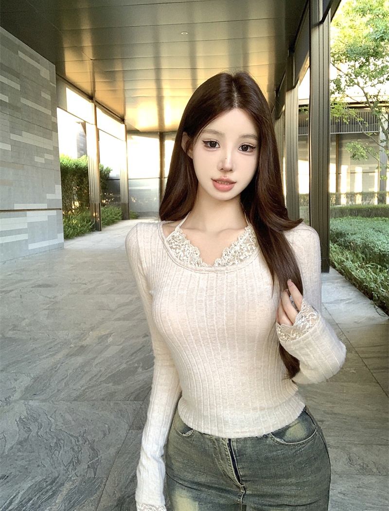 Pseudo-two plush tops lace halter T-shirt for women