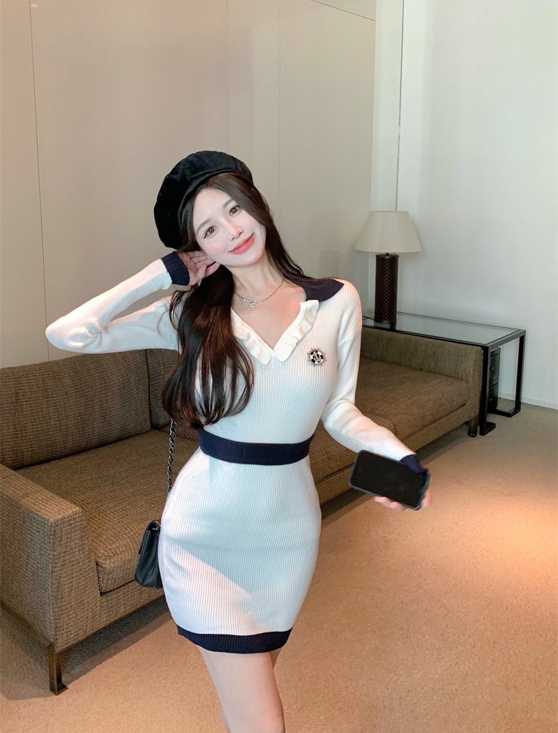 Wears outside lapel tops knitted skirt 2pcs set