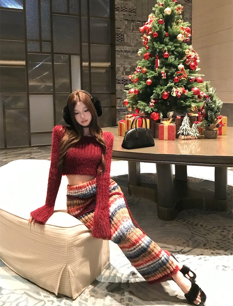 Christmas skirt long sleeve tops 2pcs set