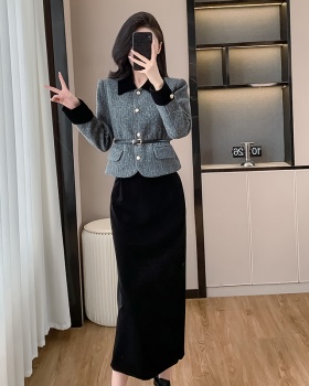 Velvet winter woolen coat chanelstyle skirt 2pcs set