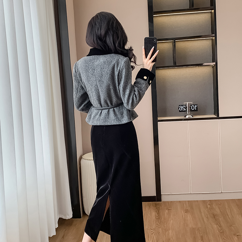 Velvet winter woolen coat chanelstyle skirt 2pcs set