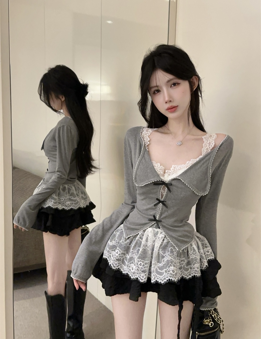 Lace hollow sling tops enticement bow vest a set