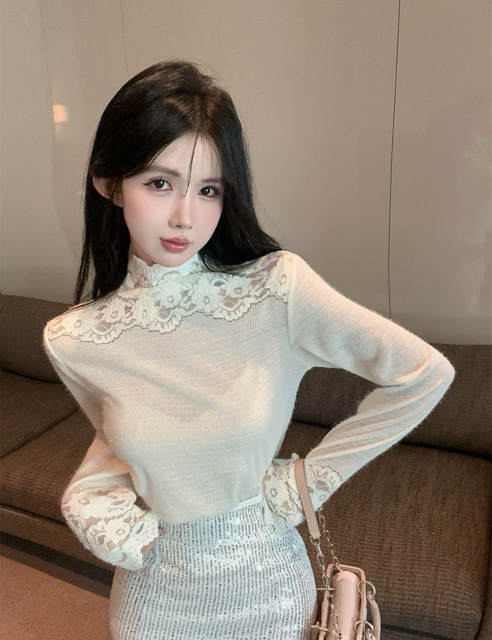 Pullover long sleeve T-shirt high collar tops 2pcs set