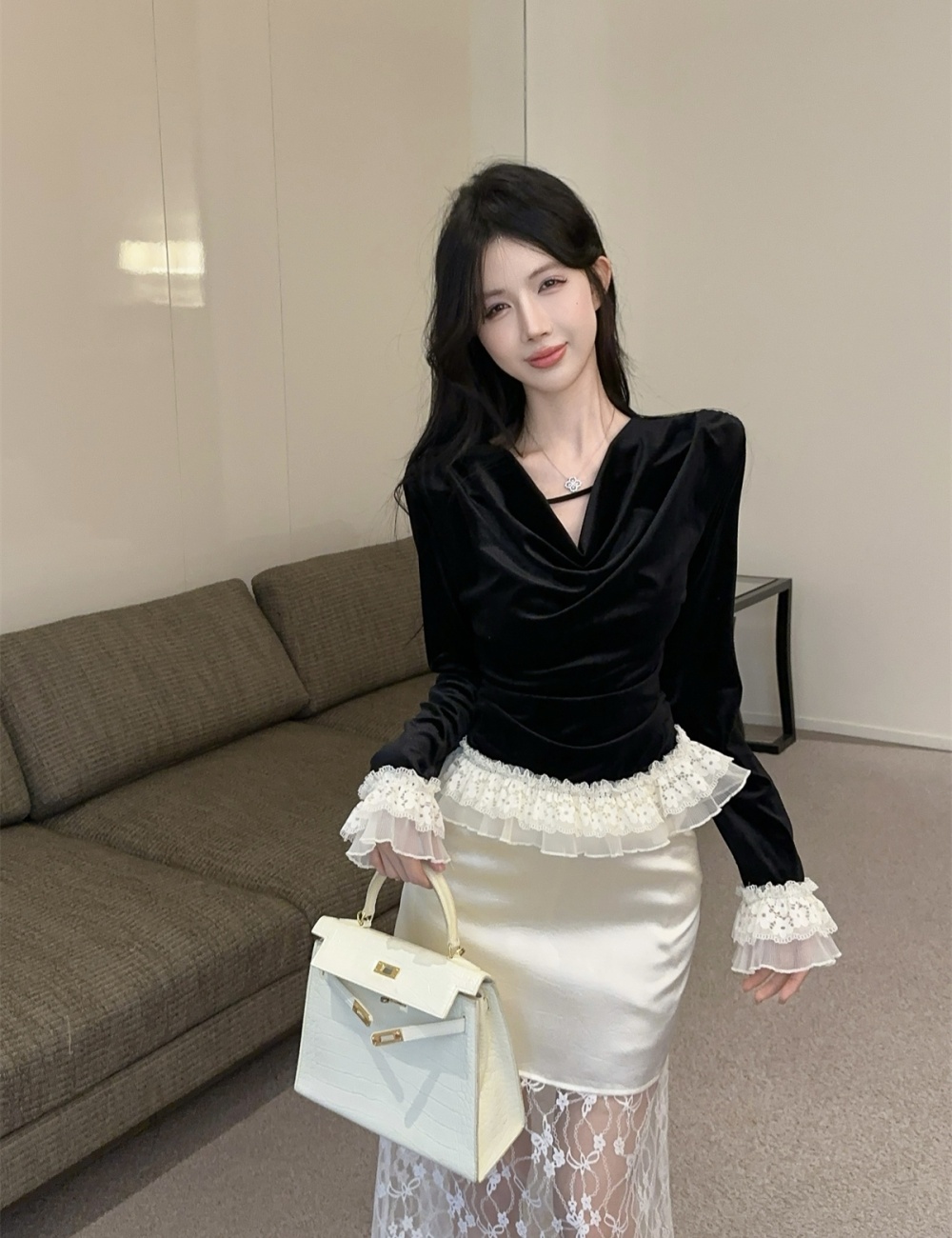 Retro tops golden velvet skirt 2pcs set for women