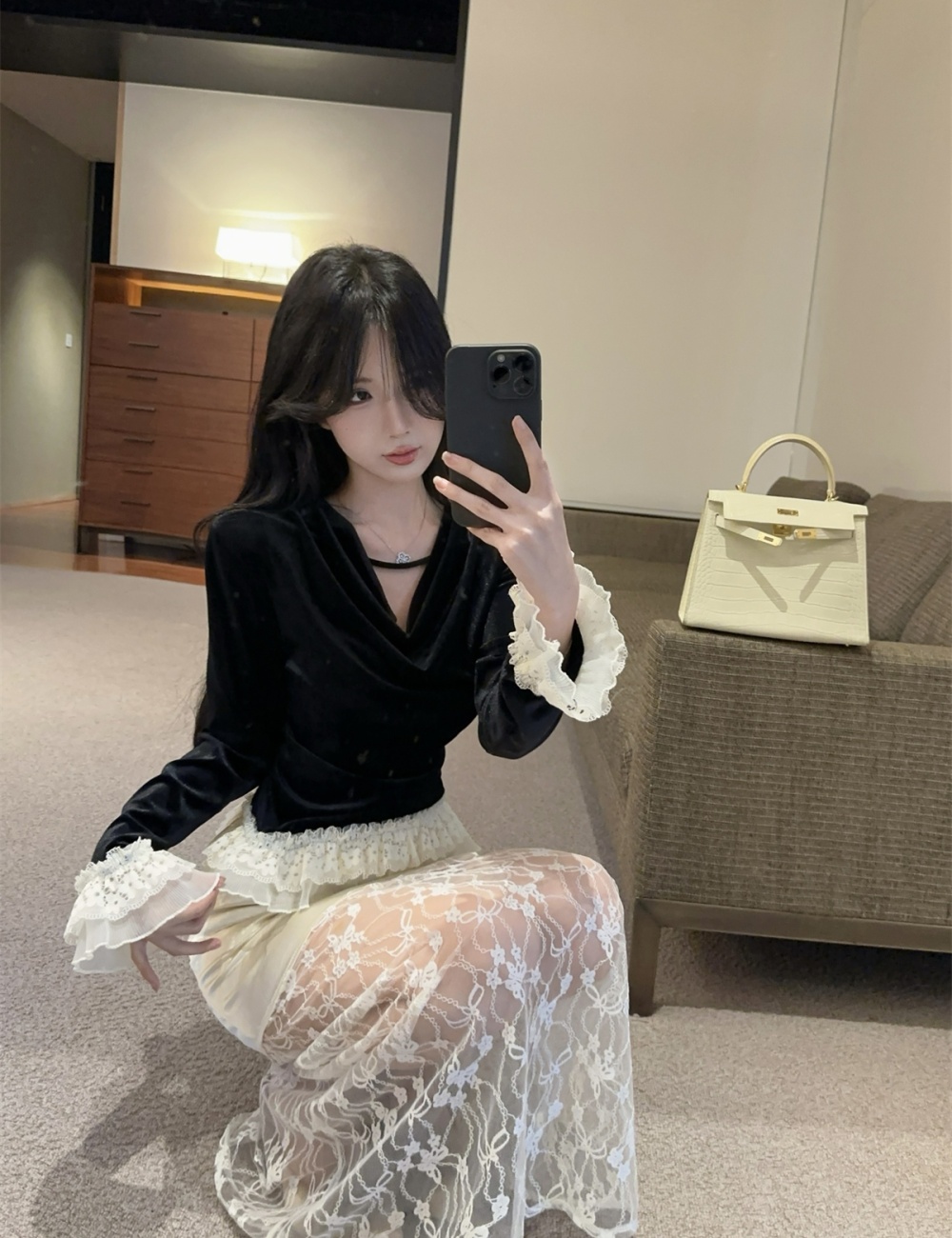 Retro tops golden velvet skirt 2pcs set for women