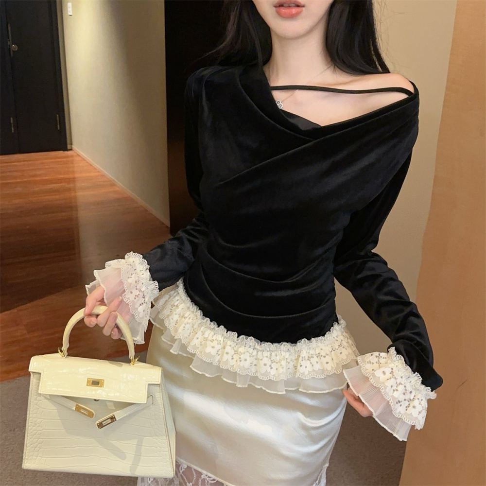 Retro tops golden velvet skirt 2pcs set for women