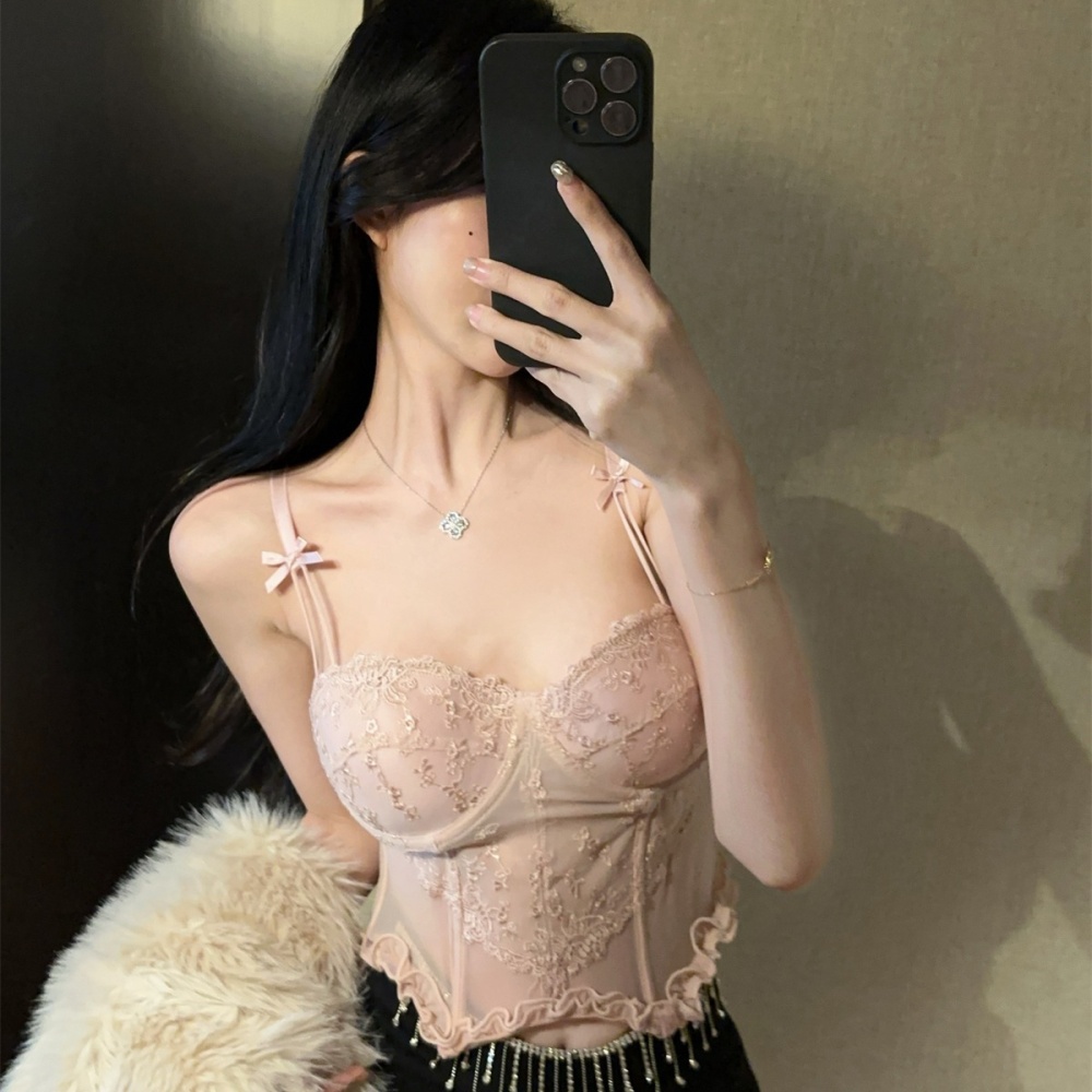 Slim France style lace embroidered sexy halter tops