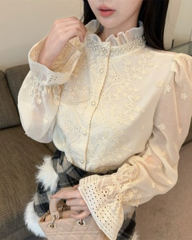 Beading jacquard puff sleeve France style lace shirt