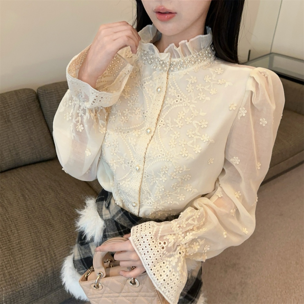 Beading jacquard puff sleeve France style lace shirt