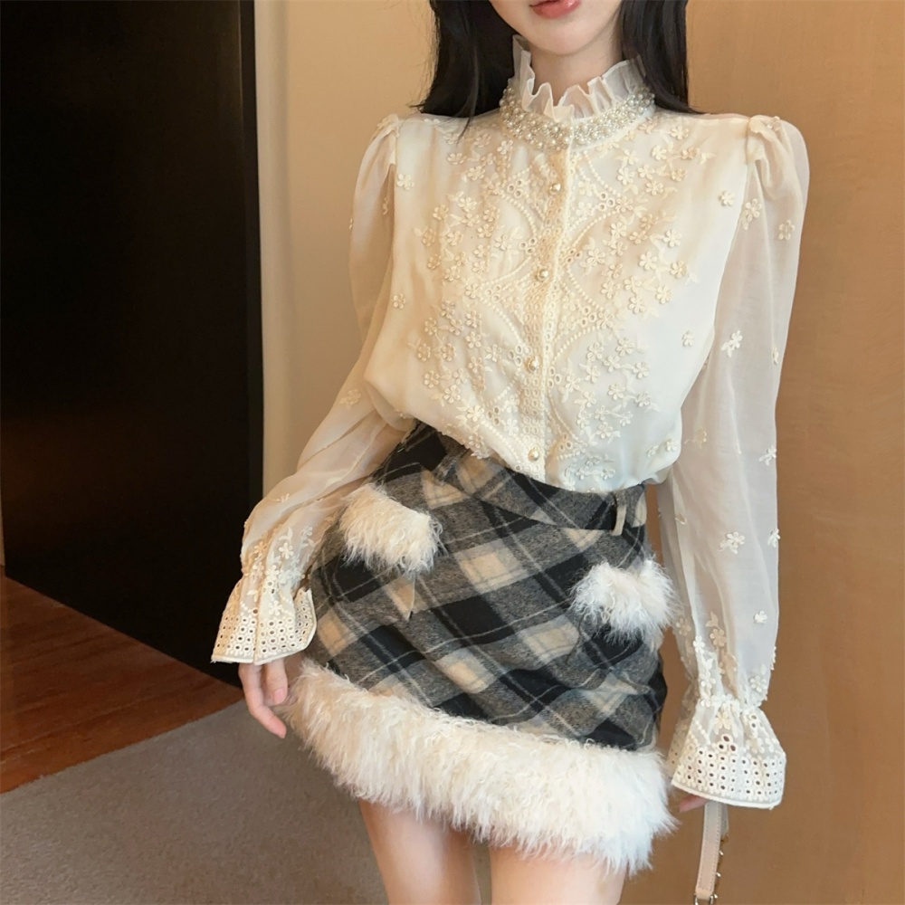 Beading jacquard puff sleeve France style lace shirt