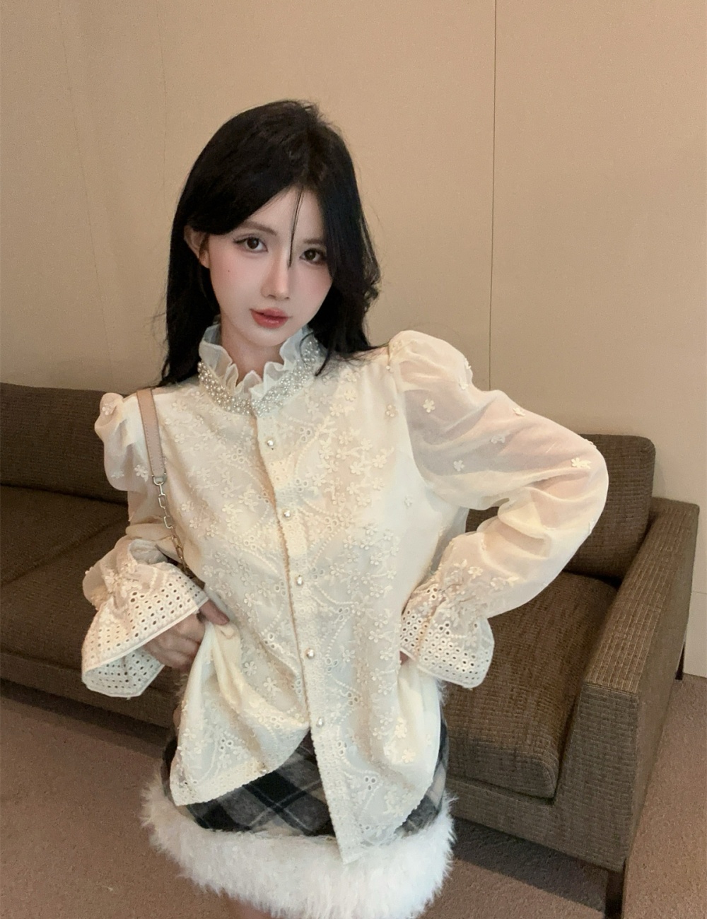 Beading jacquard puff sleeve France style lace shirt