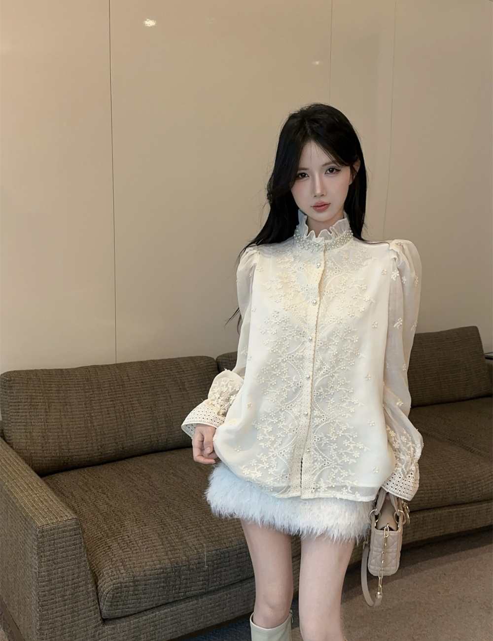 Beading jacquard puff sleeve France style lace shirt