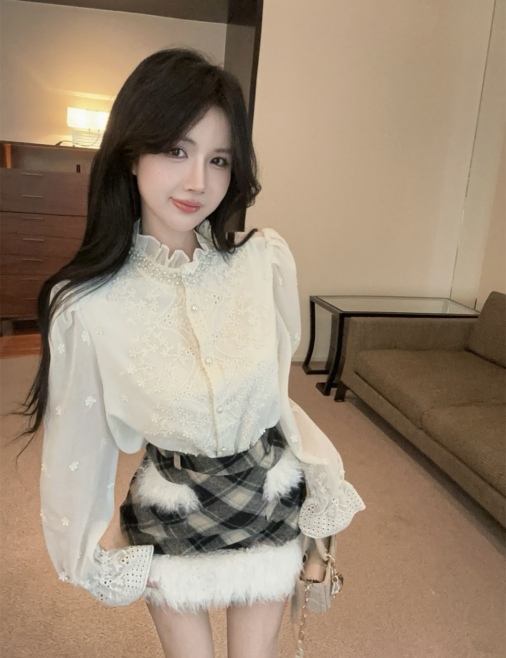 Lace fashion short skirt winter shirt a set for women