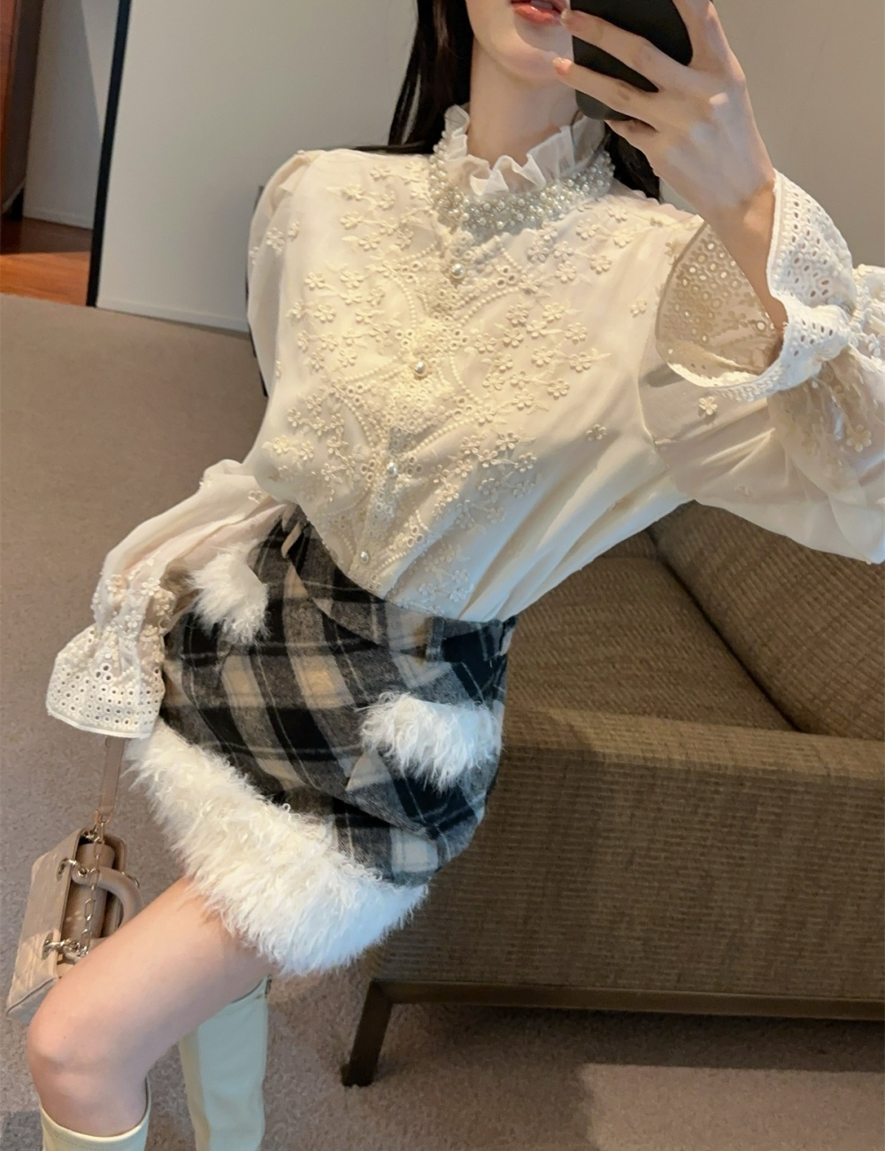 Lace fashion short skirt winter shirt a set for women